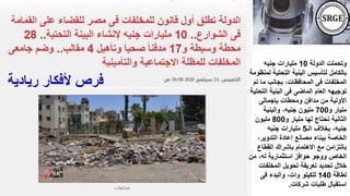 ‫الدولة‬ ‫وتحملت‬
10
‫جنيه‬ ‫مليارات‬
‫ل‬ ‫التحتية‬ ‫البنية‬ ‫لتأسيس‬ ‫بالكامل‬
‫منظومة‬
‫ت‬ ‫ما‬ ‫بجانب‬ ،‫المحافظات‬ ‫فى‬ ‫المخلفات‬
‫م‬
‫الت‬ ‫البنية‬ ‫فى‬ ‫الماضى‬ ‫العام‬ ‫توجيهه‬
‫حتية‬
‫بإجمالى‬ ‫ومحطات‬ ‫مدافن‬ ‫من‬ ‫األولية‬
‫و‬ ‫مليار‬
700
‫والبنية‬ ،‫جنيه‬ ‫مليون‬
‫و‬ ‫مليار‬ ‫لها‬ ‫نحتاج‬ ‫الثانية‬
800
‫مليون‬
‫الـ‬ ‫بخالف‬ ،‫جنيه‬
5
‫جنيه‬ ‫مليارات‬
،‫التدوير‬ ‫إعادة‬ ‫مصانع‬ ‫ببناء‬ ‫الخاصة‬
‫القطاع‬ ‫بإشراك‬ ‫االهتمام‬ ‫مع‬ ‫بالتزامن‬
‫من‬ ،‫له‬ ‫استثمارية‬ ‫حوافز‬ ‫ووجو‬ ‫الخاص‬
‫المخلفا‬ ‫تحويل‬ ‫تعريفة‬ ‫تحديد‬ ‫خالل‬
‫ت‬
‫لطاقة‬
140
‫فى‬ ‫والبدء‬ ،‫وات‬ ‫للكيلو‬
‫شركات‬ ‫طلبات‬ ‫استقبال‬
.
‫ريادية‬ ‫ألفكار‬ ‫فرص‬
 