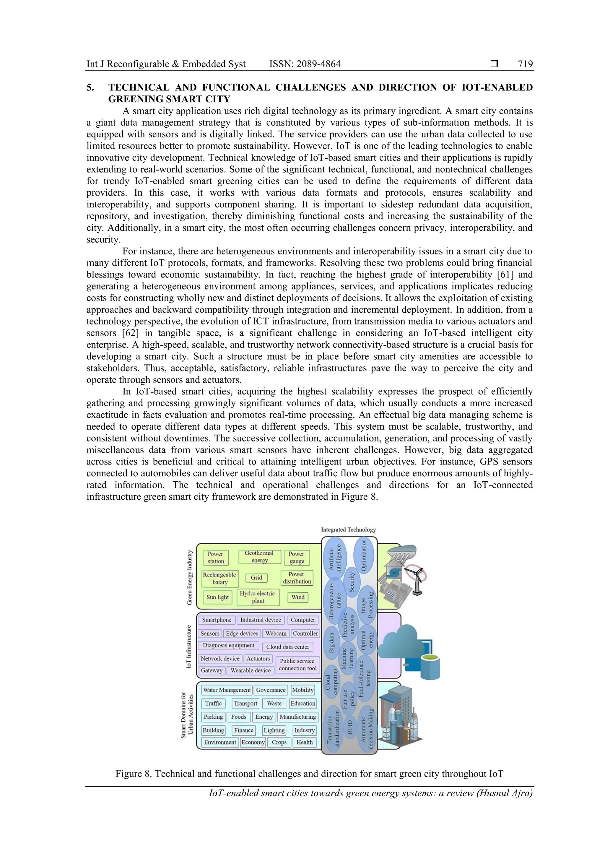 Int J Reconfigurable & Embedded Syst ISSN: 2089-4864 
IoT-enabled smart cities towards green energy systems: a review (Husnul Ajra)
719
5. TECHNICAL AND FUNCTIONAL CHALLENGES AND DIRECTION OF IOT-ENABLED
GREENING SMART CITY
A smart city application uses rich digital technology as its primary ingredient. A smart city contains
a giant data management strategy that is constituted by various types of sub-information methods. It is
equipped with sensors and is digitally linked. The service providers can use the urban data collected to use
limited resources better to promote sustainability. However, IoT is one of the leading technologies to enable
innovative city development. Technical knowledge of IoT-based smart cities and their applications is rapidly
extending to real-world scenarios. Some of the significant technical, functional, and nontechnical challenges
for trendy IoT-enabled smart greening cities can be used to define the requirements of different data
providers. In this case, it works with various data formats and protocols, ensures scalability and
interoperability, and supports component sharing. It is important to sidestep redundant data acquisition,
repository, and investigation, thereby diminishing functional costs and increasing the sustainability of the
city. Additionally, in a smart city, the most often occurring challenges concern privacy, interoperability, and
security.
For instance, there are heterogeneous environments and interoperability issues in a smart city due to
many different IoT protocols, formats, and frameworks. Resolving these two problems could bring financial
blessings toward economic sustainability. In fact, reaching the highest grade of interoperability [61] and
generating a heterogeneous environment among appliances, services, and applications implicates reducing
costs for constructing wholly new and distinct deployments of decisions. It allows the exploitation of existing
approaches and backward compatibility through integration and incremental deployment. In addition, from a
technology perspective, the evolution of ICT infrastructure, from transmission media to various actuators and
sensors [62] in tangible space, is a significant challenge in considering an IoT-based intelligent city
enterprise. A high-speed, scalable, and trustworthy network connectivity-based structure is a crucial basis for
developing a smart city. Such a structure must be in place before smart city amenities are accessible to
stakeholders. Thus, acceptable, satisfactory, reliable infrastructures pave the way to perceive the city and
operate through sensors and actuators.
In IoT-based smart cities, acquiring the highest scalability expresses the prospect of efficiently
gathering and processing growingly significant volumes of data, which usually conducts a more increased
exactitude in facts evaluation and promotes real-time processing. An effectual big data managing scheme is
needed to operate different data types at different speeds. This system must be scalable, trustworthy, and
consistent without downtimes. The successive collection, accumulation, generation, and processing of vastly
miscellaneous data from various smart sensors have inherent challenges. However, big data aggregated
across cities is beneficial and critical to attaining intelligent urban objectives. For instance, GPS sensors
connected to automobiles can deliver useful data about traffic flow but produce enormous amounts of highly-
rated information. The technical and operational challenges and directions for an IoT-connected
infrastructure green smart city framework are demonstrated in Figure 8.
Figure 8. Technical and functional challenges and direction for smart green city throughout IoT
 