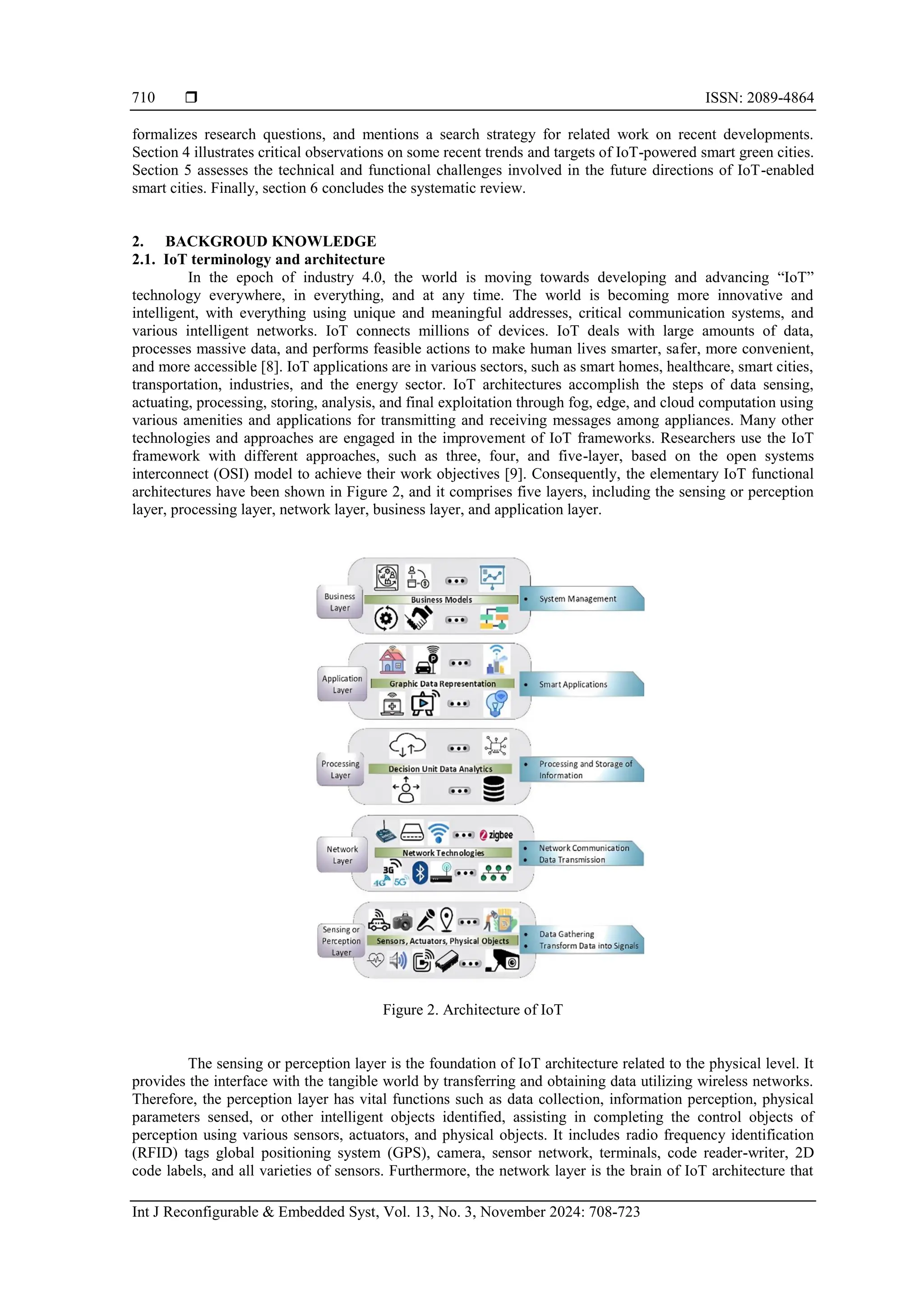  ISSN: 2089-4864
Int J Reconfigurable & Embedded Syst, Vol. 13, No. 3, November 2024: 708-723
710
formalizes research questions, and mentions a search strategy for related work on recent developments.
Section 4 illustrates critical observations on some recent trends and targets of IoT-powered smart green cities.
Section 5 assesses the technical and functional challenges involved in the future directions of IoT-enabled
smart cities. Finally, section 6 concludes the systematic review.
2. BACKGROUD KNOWLEDGE
2.1. IoT terminology and architecture
In the epoch of industry 4.0, the world is moving towards developing and advancing “IoT”
technology everywhere, in everything, and at any time. The world is becoming more innovative and
intelligent, with everything using unique and meaningful addresses, critical communication systems, and
various intelligent networks. IoT connects millions of devices. IoT deals with large amounts of data,
processes massive data, and performs feasible actions to make human lives smarter, safer, more convenient,
and more accessible [8]. IoT applications are in various sectors, such as smart homes, healthcare, smart cities,
transportation, industries, and the energy sector. IoT architectures accomplish the steps of data sensing,
actuating, processing, storing, analysis, and final exploitation through fog, edge, and cloud computation using
various amenities and applications for transmitting and receiving messages among appliances. Many other
technologies and approaches are engaged in the improvement of IoT frameworks. Researchers use the IoT
framework with different approaches, such as three, four, and five-layer, based on the open systems
interconnect (OSI) model to achieve their work objectives [9]. Consequently, the elementary IoT functional
architectures have been shown in Figure 2, and it comprises five layers, including the sensing or perception
layer, processing layer, network layer, business layer, and application layer.
Figure 2. Architecture of IoT
The sensing or perception layer is the foundation of IoT architecture related to the physical level. It
provides the interface with the tangible world by transferring and obtaining data utilizing wireless networks.
Therefore, the perception layer has vital functions such as data collection, information perception, physical
parameters sensed, or other intelligent objects identified, assisting in completing the control objects of
perception using various sensors, actuators, and physical objects. It includes radio frequency identification
(RFID) tags global positioning system (GPS), camera, sensor network, terminals, code reader-writer, 2D
code labels, and all varieties of sensors. Furthermore, the network layer is the brain of IoT architecture that
 