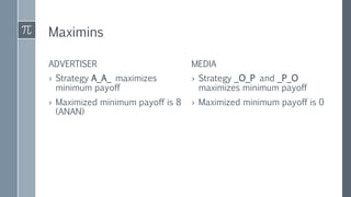 Maximins
ADVERTISER MEDIA
› Strategy _O_P and _P_O
maximizes minimum payoff
› Maximized minimum payoff is 0
› Strategy A_A_ maximizes
minimum payoff
› Maximized minimum payoff is 8
(ANAN)
 