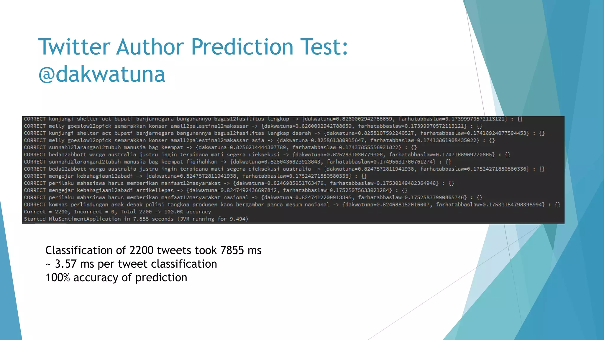 Twitter Author Prediction Test:
@dakwatuna
Classification of 2200 tweets took 7855 ms
~ 3.57 ms per tweet classification
100% accuracy of prediction
 
