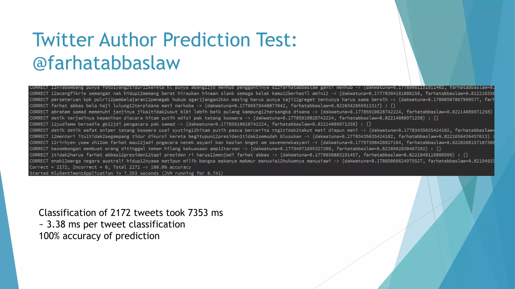 Twitter Author Prediction Test:
@farhatabbaslaw
Classification of 2172 tweets took 7353 ms
~ 3.38 ms per tweet classification
100% accuracy of prediction
 
