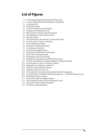 List of Figures
1.1 Continuing professional development framework
1.2 A career-long professional development entitlement
2.1 A learning cycle
2.2 The iceberg model
3.1 A CPD co-ordinator job description
3.2 Training and development cycle
3.3 The Investors in People national standard
3.4 CPD application and evaluation forms
3.5 Value for Money
4.1 The performance and attitude to improvement grid
4.2 An action plan to meet an objective
6.1 Local evaluation of INSET
6.2 Evaluation of staff development
7.1 A continuum of practice
7.2 The research-engaged school
8.1 Professional Standards for HLTA status
8.2 Issues with teaching assistants
9.1 Comparing routes into teaching
9.2 Professional standards for qualified teacher status
10.1 The first year-differences between England, Scotland and Wales
10.2 An action plan to meet an objective: reports
10.3 Organization of induction personnel
10.4 Overview of the induction process
10.5 Induction policy for term one
10.6 An example of a secondary school group induction programme
10.7 A primary NQT’s individual induction programme – 2nd half of summer term
10.8 Professional review meeting
11.1 Furze Platt’s folder for supply teachers
12.1 The Chartered London Teacher development cycle
12.2 Chartered London Teacher Standards
15.1 The effective governing body
ix
A01.qxd 23/8/07 12:51 pm Page ix
 