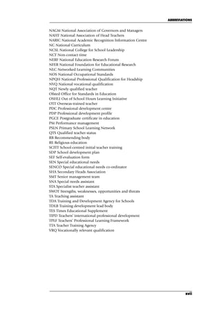 NAGM National Association of Governors and Managers
NAHT National Association of Head Teachers
NARIC National Academic Recognition Information Centre
NC National Curriculum
NCSL National College for School Leadership
NCT Non-contact time
NERF National Education Research Forum
NFER National Foundation for Educational Research
NLC Networked Learning Communities
NOS National Occupational Standards
NPQH National Professional Qualification for Headship
NVQ National vocational qualification
NQT Newly qualified teacher
Ofsted Office for Standards in Education
OSHLI Out of School Hours Learning Initiative
OTT Overseas-trained teacher
PDC Professional development centre
PDP Professional development profile
PGCE Postgraduate certificate in education
PM Performance management
PSLN Primary School Learning Network
QTS Qualified teacher status
RB Recommending body
RE Religious education
SCITT School-centred initial teacher training
SDP School development plan
SEF Self-evaluation form
SEN Special educational needs
SENCO Special educational needs co-ordinator
SHA Secondary Heads Association
SMT Senior management team
SNA Special needs assistant
STA Specialist teacher assistant
SWOT Strengths, weaknesses, opportunities and threats
TA Teaching assistant
TDA Training and Development Agency for Schools
TDLB Training development lead body
TES Times Educational Supplement
TIPD Teachers’ international professional development
TPLF Teachers’ Professional Learning Framework
TTA Teacher Training Agency
VRQ Vocationally relevant qualification
ABBREVIATIONS
xvii
A01.qxd 23/8/07 12:51 pm Page xvii
 