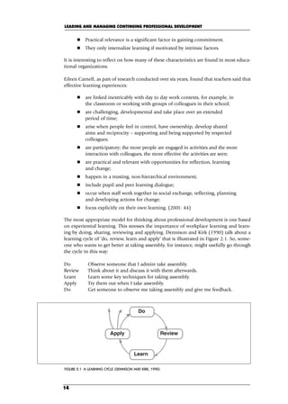 Practical relevance is a significant factor in gaining commitment.
 They only internalize learning if motivated by intrinsic factors.
It is interesting to reflect on how many of these characteristics are found in most educa-
tional organizations.
Eileen Carnell, as part of research conducted over six years, found that teachers said that
effective learning experiences:
 are linked inextricably with day to day work contexts, for example, in
the classroom or working with groups of colleagues in their school;
 are challenging, developmental and take place over an extended
period of time;
 arise when people feel in control, have ownership, develop shared
aims and reciprocity – supporting and being supported by respected
colleagues;
 are participatory; the more people are engaged in activities and the more
interaction with colleagues, the more effective the activities are seen;
 are practical and relevant with opportunities for reflection, learning
and change;
 happen in a trusting, non-hierarchical environment;
 include pupil and peer learning dialogue;
 occur when staff work together in social exchange, reflecting, planning
and developing actions for change;
 focus explicitly on their own learning. (2001: 44)
The most appropriate model for thinking about professional development is one based
on experiential learning. This stresses the importance of workplace learning and learn-
ing by doing, sharing, reviewing and applying. Dennison and Kirk (1990) talk about a
learning cycle of ‘do, review, learn and apply’ that is illustrated in Figure 2.1. So, some-
one who wants to get better at taking assembly, for instance, might usefully go through
the cycle in this way:
Do Observe someone that I admire take assembly.
Review Think about it and discuss it with them afterwards.
Learn Learn some key techniques for taking assembly.
Apply Try them out when I take assembly.
Do Get someone to observe me taking assembly and give me feedback.
LEADING AND MANAGING CONTINUING PROFESSIONAL DEVELOPMENT
14
FIGURE 2.1 A LEARNING CYCLE (DENNISON AND KIRK, 1990)
C02.qxd 23/8/07 12:53 pm Page 14
 