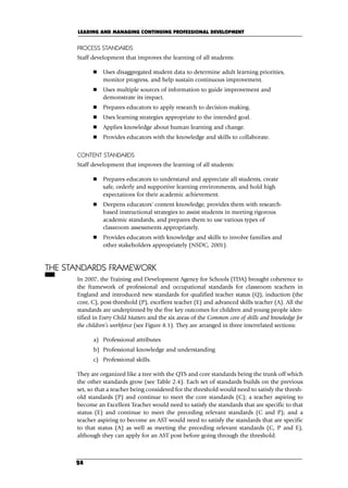 LEADING AND MANAGING CONTINUING PROFESSIONAL DEVELOPMENT
24
PROCESS STANDARDS
Staff development that improves the learning of all students:
 Uses disaggregated student data to determine adult learning priorities,
monitor progress, and help sustain continuous improvement.
 Uses multiple sources of information to guide improvement and
demonstrate its impact.
 Prepares educators to apply research to decision-making.
 Uses learning strategies appropriate to the intended goal.
 Applies knowledge about human learning and change.
 Provides educators with the knowledge and skills to collaborate.
CONTENT STANDARDS
Staff development that improves the learning of all students:
 Prepares educators to understand and appreciate all students, create
safe, orderly and supportive learning environments, and hold high
expectations for their academic achievement.
 Deepens educators' content knowledge, provides them with research-
based instructional strategies to assist students in meeting rigorous
academic standards, and prepares them to use various types of
classroom assessments appropriately.
 Provides educators with knowledge and skills to involve families and
other stakeholders appropriately (NSDC, 2001).
THE STANDARDS FRAMEWORK
In 2007, the Training and Development Agency for Schools (TDA) brought coherence to
the framework of professional and occupational standards for classroom teachers in
England and introduced new standards for qualified teacher status (Q), induction (the
core, C), post-threshold (P), excellent teacher (E) and advanced skills teacher (A). All the
standards are underpinned by the five key outcomes for children and young people iden-
tified in Every Child Matters and the six areas of the Common core of skills and knowledge for
the children’s workforce (see Figure 8.1). They are arranged in three interrelated sections:
a) Professional attributes
b) Professional knowledge and understanding
c) Professional skills.
They are organized like a tree with the QTS and core standards being the trunk off which
the other standards grow (see Table 2.4). Each set of standards builds on the previous
set, so that a teacher being considered for the threshold would need to satisfy the thresh-
old standards (P) and continue to meet the core standards (C); a teacher aspiring to
become an Excellent Teacher would need to satisfy the standards that are specific to that
status (E) and continue to meet the preceding relevant standards (C and P); and a
teacher aspiring to become an AST would need to satisfy the standards that are specific
to that status (A) as well as meeting the preceding relevant standards (C, P and E),
although they can apply for an AST post before going through the threshold.
C02.qxd 23/8/07 12:53 pm Page 24
 
