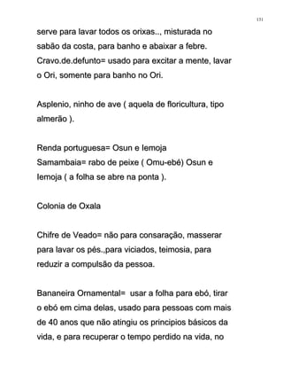 serve para lavar todos os orixas.., misturada noserve para lavar todos os orixas.., misturada no
sabão da costa, para banho e abaixar a febre.sabão da costa, para banho e abaixar a febre.
Cravo.de.defunto= usado para excitar a mente, lavarCravo.de.defunto= usado para excitar a mente, lavar
o Ori, somente para banho no Ori.o Ori, somente para banho no Ori.
Asplenio, ninho de ave ( aquela de floricultura, tipoAsplenio, ninho de ave ( aquela de floricultura, tipo
almerão ).almerão ).
Renda portuguesa= Osun e IemojaRenda portuguesa= Osun e Iemoja
Samambaia= rabo de peixe ( Omu-ebé) Osun eSamambaia= rabo de peixe ( Omu-ebé) Osun e
Iemoja ( a folha se abre na ponta ).Iemoja ( a folha se abre na ponta ).
Colonia de OxalaColonia de Oxala
Chifre de Veado= não para consaração, masserarChifre de Veado= não para consaração, masserar
para lavar os pés.,para viciados, teimosia, parapara lavar os pés.,para viciados, teimosia, para
reduzir a compulsão da pessoa.reduzir a compulsão da pessoa.
Bananeira Ornamental= usar a folha para ebó, tirarBananeira Ornamental= usar a folha para ebó, tirar
o ebó em cima delas, usado para pessoas com maiso ebó em cima delas, usado para pessoas com mais
de 40 anos que não atingiu os principios básicos dade 40 anos que não atingiu os principios básicos da
vida, e para recuperar o tempo perdido na vida, novida, e para recuperar o tempo perdido na vida, no
131
 