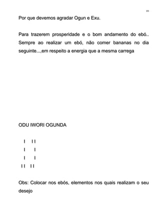 Por que devemos agradar Ogun e Exu.Por que devemos agradar Ogun e Exu.
Para trazerem prosperidade e o bom andamento do ebó..Para trazerem prosperidade e o bom andamento do ebó..
Sempre ao realizar um ebó, não comer bananas no diaSempre ao realizar um ebó, não comer bananas no dia
seguinte...,em respeito a energia que a mesma carregaseguinte...,em respeito a energia que a mesma carrega
ODU IWORI OGUNDAODU IWORI OGUNDA
I I II I I
I II I
I II I
I I I II I I I
Obs: Colocar nos ebós, elementos nos quais realizam o seuObs: Colocar nos ebós, elementos nos quais realizam o seu
desejodesejo
89
 