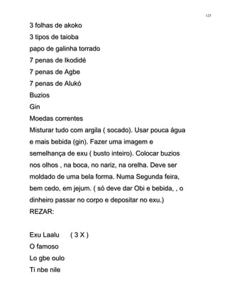 3 folhas de akoko3 folhas de akoko
3 tipos de taioba3 tipos de taioba
papo de galinha torradopapo de galinha torrado
7 penas de Ikodidé7 penas de Ikodidé
7 penas de Agbe7 penas de Agbe
7 penas de Alukó7 penas de Alukó
BuziosBuzios
GinGin
Moedas correntesMoedas correntes
Misturar tudo com argila ( socado). Usar pouca águaMisturar tudo com argila ( socado). Usar pouca água
e mais bebida (gin). Fazer uma imagem ee mais bebida (gin). Fazer uma imagem e
semelhança de exu ( busto inteiro). Colocar buziossemelhança de exu ( busto inteiro). Colocar buzios
nos olhos , na boca, no nariz, na orelha. Deve sernos olhos , na boca, no nariz, na orelha. Deve ser
moldado de uma bela forma. Numa Segunda feira,moldado de uma bela forma. Numa Segunda feira,
bem cedo, em jejum. ( só deve dar Obi e bebida, , obem cedo, em jejum. ( só deve dar Obi e bebida, , o
dinheiro passar no corpo e depositar no exu.)dinheiro passar no corpo e depositar no exu.)
REZAR:REZAR:
Exu Laalu ( 3 X )Exu Laalu ( 3 X )
O famosoO famoso
Lo gbe ouloLo gbe oulo
Ti nbe nileTi nbe nile
125
 