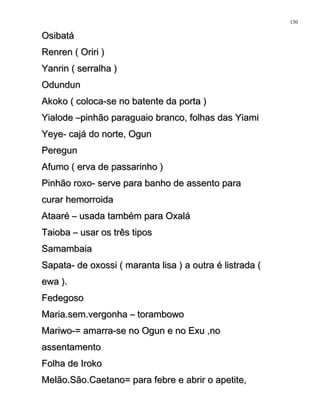 OsibatáOsibatá
Renren ( Oriri )Renren ( Oriri )
Yanrin ( serralha )Yanrin ( serralha )
OdundunOdundun
Akoko ( coloca-se no batente da porta )Akoko ( coloca-se no batente da porta )
Yialode –pinhão paraguaio branco, folhas das YiamiYialode –pinhão paraguaio branco, folhas das Yiami
Yeye- cajá do norte, OgunYeye- cajá do norte, Ogun
PeregunPeregun
Afumo ( erva de passarinho )Afumo ( erva de passarinho )
Pinhão roxo- serve para banho de assento paraPinhão roxo- serve para banho de assento para
curar hemorroidacurar hemorroida
Ataaré – usada também para OxaláAtaaré – usada também para Oxalá
Taioba – usar os três tiposTaioba – usar os três tipos
SamambaiaSamambaia
Sapata- de oxossi ( maranta lisa ) a outra é listrada (Sapata- de oxossi ( maranta lisa ) a outra é listrada (
ewa ).ewa ).
FedegosoFedegoso
Maria.sem.vergonha – torambowoMaria.sem.vergonha – torambowo
Mariwo-= amarra-se no Ogun e no Exu ,noMariwo-= amarra-se no Ogun e no Exu ,no
assentamentoassentamento
Folha de IrokoFolha de Iroko
Melão.São.Caetano= para febre e abrir o apetite,Melão.São.Caetano= para febre e abrir o apetite,
130
 