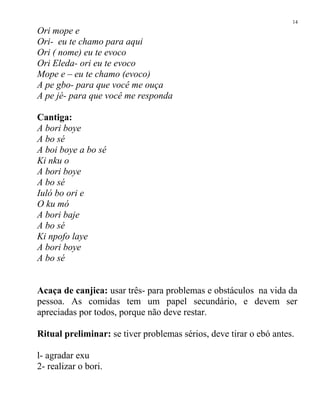 Ori mope e
Ori- eu te chamo para aqui
Ori ( nome) eu te evoco
Ori Eleda- ori eu te evoco
Mope e – eu te chamo (evoco)
A pe gbo- para que você me ouça
A pe jé- para que você me responda
Cantiga:
A bori boye
A bo sé
A boi boye a bo sé
Ki nku o
A bori boye
A bo sé
Iuló bo ori e
O ku mó
A bori baje
A bo sé
Ki npofo laye
A bori boye
A bo sé
Acaça de canjica: usar três- para problemas e obstáculos na vida da
pessoa. As comidas tem um papel secundário, e devem ser
apreciadas por todos, porque não deve restar.
Ritual preliminar: se tiver problemas sérios, deve tirar o ebó antes.
l- agradar exu
2- realizar o bori.
14
 