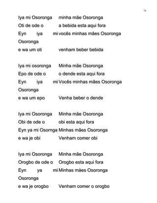Iya mi OsorongaIya mi Osoronga minha mãe Osorongaminha mãe Osoronga
Oti de ode oOti de ode o a bebida esta aqui foraa bebida esta aqui fora
Eyn iya miEyn iya mi
OsorongaOsoronga
vocês minhas mães Osorongavocês minhas mães Osoronga
e wa um otie wa um oti venham beber bebidavenham beber bebida
Iya mi osorongaIya mi osoronga Minha mãe OsorongaMinha mãe Osoronga
Epo de ode oEpo de ode o o dende esta aqui forao dende esta aqui fora
Eyn iya miEyn iya mi
OsorongaOsoronga
Vocês minhas mães OsorongaVocês minhas mães Osoronga
e wa um epoe wa um epo Venha beber o dendeVenha beber o dende
Iya mi OsorongaIya mi Osoronga Minha mãe OsorongaMinha mãe Osoronga
Obi de ode oObi de ode o obi esta aqui foraobi esta aqui fora
Eyn ya mi OsorngaEyn ya mi Osornga Minhas mães OsorongaMinhas mães Osoronga
e wa je obie wa je obi Venham comer obiVenham comer obi
Iya mi OsorongaIya mi Osoronga Minha mãe OsorongaMinha mãe Osoronga
Orogbo de ode oOrogbo de ode o Orogbo esta aqui foraOrogbo esta aqui fora
Eyn ya miEyn ya mi
OsorongaOsoronga
Minhas màes OsorongaMinhas màes Osoronga
e wa je orogboe wa je orogbo Venham comer o orogboVenham comer o orogbo
78
 