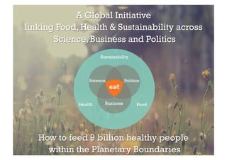 Health Food
Science Politics
Business
Sustainability
A Global Initiative
linking Food, Health & Sustainability across
Science, Business and Politics
How to feed 9 billion healthy people
within the Planetary Boundaries
 