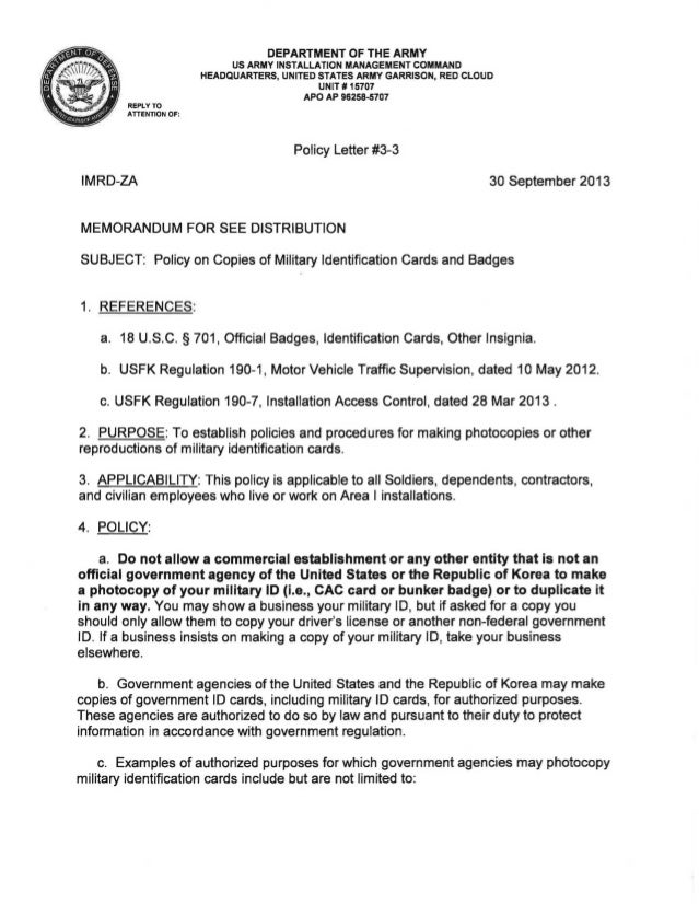 Policy On Copies Of Military Identification Cards And Badges