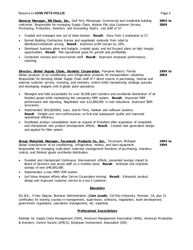 materials manager resume