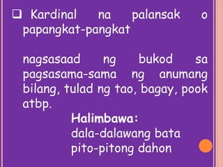  Kardinal na palansak o
papangkat-pangkat
nagsasaad ng bukod sa
pagsasama-sama ng anumang
bilang, tulad ng tao, bagay, pook
atbp.
Halimbawa:
dala-dalawang bata
pito-pitong dahon
 