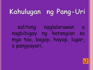 salitang naglalarawan o
nagbibigay ng katangian sa
mga tao, bagay, hayop, lugar,
o pangyayari.
 
