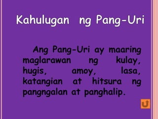 Ang Pang-Uri ay maaring
maglarawan ng kulay,
hugis, amoy, lasa,
katangian at hitsura ng
pangngalan at panghalip.
 
