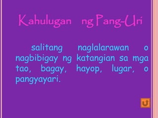 Kahulugan ng Pang-Uri
salitang naglalarawan o
nagbibigay ng katangian sa mga
tao, bagay, hayop, lugar, o
pangyayari.
 