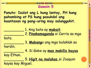 Panuto: Isulat ang L kung lantay, PH kung
pahambing at PS kung pasukdol ang
kaantasan ng pang-uring may salungguhit.
_________ 1. Ang bata ay mabait.
_________ 2. Pinakamaganda si Carrie sa mga
bata.
_________ 3. Mabango ang mga bulaklak sa
hardin.
_________ 4. Si Gabe ay mas mabilis kaysa
kay Ethan.
_________ 5. Higit na malakas si Joaquin
kaysa kay Miguel.
Gawain 5
 