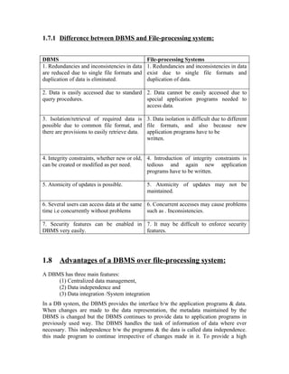 1.7.1 Difference between DBMS and File-processing system:


DBMS                                          File-processing Systems
1. Redundancies and inconsistencies in data   1. Redundancies and inconsistencies in data
are reduced due to single file formats and    exist due to single file formats and
duplication of data is eliminated.            duplication of data.

2. Data is easily accessed due to standard 2. Data cannot be easily accessed due to
query procedures.                          special application programs needed to
                                           access data.

3. Isolation/retrieval of required data is 3. Data isolation is difficult due to different
possible due to common file format, and file formats, and also because new
there are provisions to easily retrieve data. application programs have to be
                                              written.


4. Integrity constraints, whether new or old, 4. Introduction of integrity constraints is
can be created or modified as per need.       tedious and again new application
                                              programs have to be written.

5. Atomicity of updates is possible.          5. Atomicity of updates may not be
                                              maintained.

6. Several users can access data at the same 6. Concurrent accesses may cause problems
time i.e concurrently without problems       such as . Inconsistencies.

7. Security features can be enabled in 7. It may be difficult to enforce security
DBMS very easily.                      features.




1.8    Advantages of a DBMS over file-processing system:
A DBMS has three main features:
     (1) Centralized data management,
     (2) Data independence and
     (3) Data integration /System integration
In a DB system, the DBMS provides the interface b/w the application programs & data.
When changes are made to the data representation, the metadata maintained by the
DBMS is changed but the DBMS continues to provide data to application programs in
previously used way. The DBMS handles the task of information of data where ever
necessary. This independence b/w the programs & the data is called data independence.
this made program to continue irrespective of changes made in it. To provide a high
 