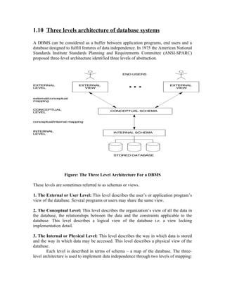 1.10 Three levels architecture of database systems

A DBMS can be considered as a buffer between application programs, end users and a
database designed to fulfill features of data independence. In 1975 the American National
Standards Institute Standards Planning and Requirements Committee (ANSI-SPARC)
proposed three-level architecture identified three levels of abstraction.




                 Figure: The Three Level Architecture For a DBMS

These levels are sometimes referred to as schemas or views.

1. The External or User Level: This level describes the user’s or application program’s
view of the database. Several programs or users may share the same view.

2. The Conceptual Level: This level describes the organization’s view of all the data in
the database, the relationships between the data and the constraints applicable to the
database. This level describes a logical view of the database i.e. a view locking
implementation detail.

3. The Internal or Physical Level: This level describes the way in which data is stored
and the way in which data may be accessed. This level describes a physical view of the
database.
        Each level is described in terms of schema – a map of the database. The three-
level architecture is used to implement data independence through two levels of mapping:
 