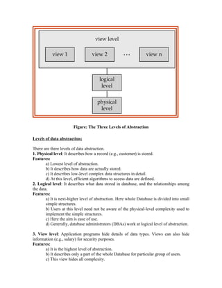Figure: The Three Levels of Abstraction

Levels of data abstraction:

There are three levels of data abstraction.
1. Physical level: It describes how a record (e.g., customer) is stored.
Features:
        a) Lowest level of abstraction.
        b) It describes how data are actually stored.
        c) It describes low-level complex data structures in detail.
        d) At this level, efficient algorithms to access data are defined.
2. Logical level: It describes what data stored in database, and the relationships among
the data.
Features:
        a) It is next-higher level of abstraction. Here whole Database is divided into small
        simple structures.
        b) Users at this level need not be aware of the physical-level complexity used to
        implement the simple structures.
        c) Here the aim is ease of use.
        d) Generally, database administrators (DBAs) work at logical level of abstraction.

3. View level: Application programs hide details of data types. Views can also hide
information (e.g., salary) for security purposes.
Features:
       a) It is the highest level of abstraction.
       b) It describes only a part of the whole Database for particular group of users.
       c) This view hides all complexity.
 