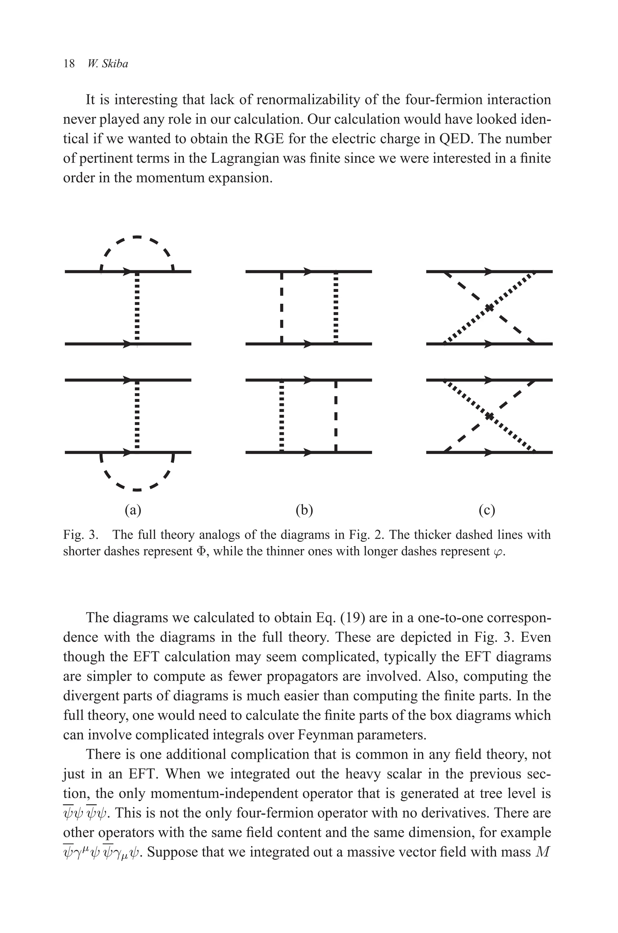 December 22, 2010 9:24 WSPC - Proceedings Trim Size: 9in x 6in tasi2009
18 W. Skiba
It is interesting that lack of renormalizability of the four-fermion interaction
never played any role in our calculation. Our calculation would have looked iden-
tical if we wanted to obtain the RGE for the electric charge in QED. The number
of pertinent terms in the Lagrangian was finite since we were interested in a finite
order in the momentum expansion.
(a) (b) (c)
Fig. 3. The full theory analogs of the diagrams in Fig. 2. The thicker dashed lines with
shorter dashes represent Φ, while the thinner ones with longer dashes represent ϕ.
The diagrams we calculated to obtain Eq. (19) are in a one-to-one correspon-
dence with the diagrams in the full theory. These are depicted in Fig. 3. Even
though the EFT calculation may seem complicated, typically the EFT diagrams
are simpler to compute as fewer propagators are involved. Also, computing the
divergent parts of diagrams is much easier than computing the finite parts. In the
full theory, one would need to calculate the finite parts of the box diagrams which
can involve complicated integrals over Feynman parameters.
There is one additional complication that is common in any field theory, not
just in an EFT. When we integrated out the heavy scalar in the previous sec-
tion, the only momentum-independent operator that is generated at tree level is
ψψ ψψ. This is not the only four-fermion operator with no derivatives. There are
other operators with the same field content and the same dimension, for example
ψγµ
ψ ψγµψ. Suppose that we integrated out a massive vector field with mass M
 