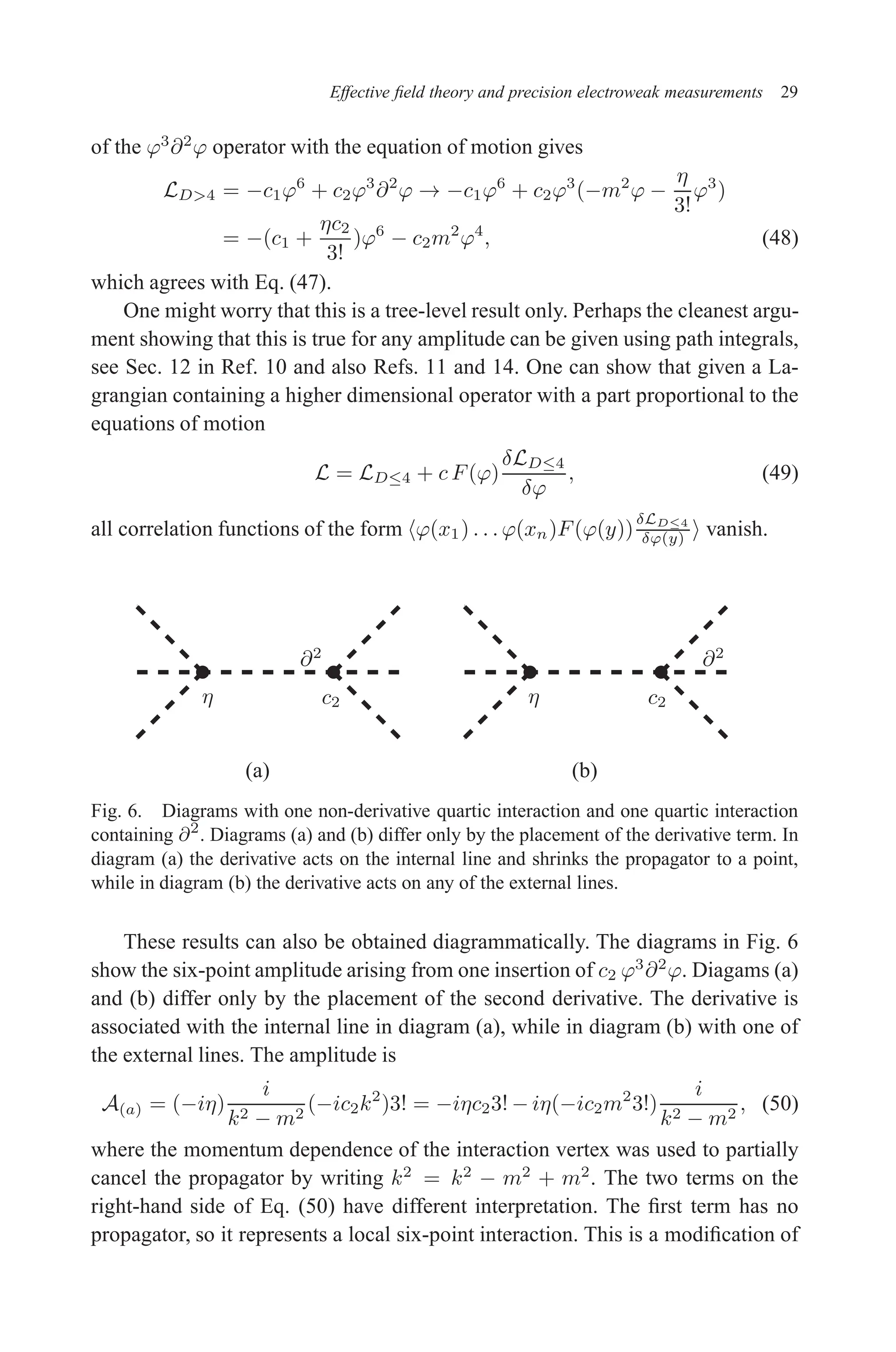 December 22, 2010 9:24 WSPC - Proceedings Trim Size: 9in x 6in tasi2009
Effective field theory and precision electroweak measurements 29
of the ϕ3
∂2
ϕ operator with the equation of motion gives
LD4 = −c1ϕ6
+ c2ϕ3
∂2
ϕ → −c1ϕ6
+ c2ϕ3
(−m2
ϕ −
η
3!
ϕ3
)
= −(c1 +
ηc2
3!
)ϕ6
− c2m2
ϕ4
, (48)
which agrees with Eq. (47).
One might worry that this is a tree-level result only. Perhaps the cleanest argu-
ment showing that this is true for any amplitude can be given using path integrals,
see Sec. 12 in Ref. 10 and also Refs. 11 and 14. One can show that given a La-
grangian containing a higher dimensional operator with a part proportional to the
equations of motion
L = LD≤4 + c F(ϕ)
δLD≤4
δϕ
, (49)
all correlation functions of the form hϕ(x1) . . . ϕ(xn)F(ϕ(y))
δLD≤4
δϕ(y) i vanish.
η η
c2 c2
∂2
∂2
(a) (b)
Fig. 6. Diagrams with one non-derivative quartic interaction and one quartic interaction
containing ∂2
. Diagrams (a) and (b) differ only by the placement of the derivative term. In
diagram (a) the derivative acts on the internal line and shrinks the propagator to a point,
while in diagram (b) the derivative acts on any of the external lines.
These results can also be obtained diagrammatically. The diagrams in Fig. 6
show the six-point amplitude arising from one insertion of c2 ϕ3
∂2
ϕ. Diagams (a)
and (b) differ only by the placement of the second derivative. The derivative is
associated with the internal line in diagram (a), while in diagram (b) with one of
the external lines. The amplitude is
A(a) = (−iη)
i
k2 − m2
(−ic2k2
)3! = −iηc23! − iη(−ic2m2
3!)
i
k2 − m2
, (50)
where the momentum dependence of the interaction vertex was used to partially
cancel the propagator by writing k2
= k2
− m2
+ m2
. The two terms on the
right-hand side of Eq. (50) have different interpretation. The first term has no
propagator, so it represents a local six-point interaction. This is a modification of
 