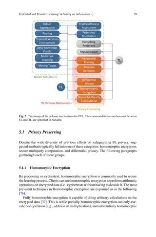 Federated and Transfer Learning: A Survey on Adversaries … 39
Homomorphic
Encryption
Secure Multiparty
Computation
Differential
Privacy
Anomaly
Detection
Robust
Aggregation
Pruning
Trusted Execution
Environment
Zero-Knowledge
Proofs
Adversarial
Training
Multi-task
Learning
Moving Target
Trustworthiness
Assessment
Federated
Distilliation
Regularization
Perturbing
Posteriors
Model Robustness
Privacy Preserving
FL
TL
TFL Defense Mechanisms
Fig. 2 Taxonomy of the defense mechanisms for FTL. The common defense mechanisms between
FL and TL are specified in red area
5.1 Privacy Preserving
Despite the wide diversity of previous efforts on safeguarding FL privacy, sug-
gested methods typically fall into one of these categories: homomorphic encryption,
secure multiparty computation, and differential privacy. The following paragraphs
go through each of these groups.
5.1.1 Homomorphic Encryption
By processing on cyphertext, homomorphic encryption is commonly used to secure
the learning process. Clients can use homomorphic encryption to perform arithmetic
operations on encrypted data (i.e., cyphertext) without having to decode it. The most
prevalent techniques in Homomorphic encryption are explained as in the following
[76].
Fully homomorphic encryption is capable of doing arbitrary calculations on the
encrypted data [37]. This is while partially homomorphic encryption can only exe-
cute one operation (e.g., addition or multiplication), and substantially homomorphic
 