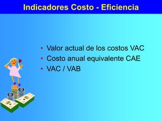 Indicadores Costo - Eficiencia
• Valor actual de los costos VAC
• Costo anual equivalente CAE
• VAC / VAB
 