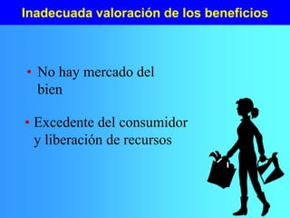 Inadecuada valoración de los beneficios
• No hay mercado del
bien
• Excedente del consumidor
y liberación de recursos
 