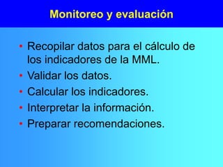 Monitoreo y evaluación
• Recopilar datos para el cálculo de
los indicadores de la MML.
• Validar los datos.
• Calcular los indicadores.
• Interpretar la información.
• Preparar recomendaciones.
 