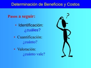 Determinación de Beneficios y Costos
• Identificación:
¿cuáles?
Pasos a seguir:
• Cuantificación:
¿cuánto?
• Valoración:
¿cuánto vale?
 
