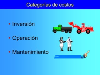 Categorías de costos
• Inversión
• Operación
• Mantenimiento
 