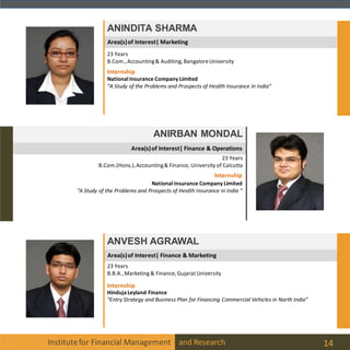 Area(s)of Interest| Finance & Operations
Area(s)of Interest| Marketing
Institutefor Financial Management and Research 14
ANINDITA SHARMA
ANIRBAN MONDAL
23 Years
B.Com.(Hons.),Accounting& Finance, University of Calcutta
Internship
National Insurance Company Limited
“A Study of the Problems and Prospects of Health Insurance in India “
ANVESH AGRAWAL
23 Years
B.B.A.,Marketing & Finance, Gujarat University
Internship
23 Years
B.Com.,Accounting& Auditing, BangaloreUniversity
Internship
National Insurance Company Limited
“A Study of the Problems and Prospects of Health Insurance in India“
HindujaLeyland Finance
“Entry Strategy and Business Plan for Financing Commercial Vehicles in North India”
Area(s)of Interest| Finance & Marketing
 
