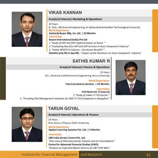 Institutefor Financial Management and Research 32
Area(s)of Interest| Marketing & Operations
VIKAS KANNAN
24 Years
B. Tech., MechanicalEngineering, Dr.Babasaheb Ambedkar TechnologicalUniversity
Internship
Keane International(India) Pvt Ltd
1.”Study of ERP and ERP Implementation at Keane “
2.”Evaluating Need for SAP and SAP Services in Auto Component Industry”
3. “Indian BPO/ITeS Industry - Can Keane Benefit? “
Deloitte (July 09 to Sep 09) : “Impact of the Downturn on Auto Component Industry”
WorkExperience
Godrej & Boyce Mfg. Co. Ltd. | 23 Months
Area(s)of Interest| Operations & Finance
TARUN GOYAL
Internship
WorkExperience
Applect Learning Systems Pvt. Ltd. | 5 Months
UBS India Service Centre Pvt. Ltd.
“Overviewof Pharmaceuticals Industry and its Consolidation”
Centerfor Advanced Financial Studies (CAFS)
“Analysis on Expected Option Returns for S&P CNX Nifty “
24 Years
B.Sc.(Hons.),Physics,Delhi University
Area(s)of Interest| Finance & Operations
SATHIS KUMAR R
Internship
ICICIBank Ltd. (Treasury)
1.”Study of Indian IT-ITeSSector “
2. “Providing Risk Management Solutions for SME IT-ITeSCompanies in Bangalore”
WorkExperience
TataConsultancy Services | 24 Months
25 Years
B.E.,Electrical and Electronics Engineering, Anna University
 