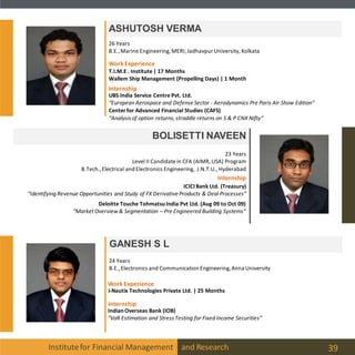 Institutefor Financial Management and Research 39
ASHUTOSH VERMA
BOLISETTI NAVEEN
23 Years
Level II Candidatein CFA (AIMR, USA) Program
B.Tech.,Electrical and Electronics Engineering, J.N.T.U., Hyderabad
26 Years
B.E.,Marine Engineering, MERI, Jadhavpur University, Kolkata
UBS India Service Centre Pvt. Ltd.
“European Aerospace and Defense Sector - Aerodynamics Pre Paris Air Show Edition”
Centerfor Advanced Financial Studies (CAFS)
“Analysis of option returns, straddle returns on S & P CNX Nifty“
WorkExperience
T.I.M.E . Institute | 17 Months
Wallem Ship Management (Propelling Days) | 1 Month
Internship
Internship
ICICIBank Ltd. (Treasury)
“Identifying Revenue Opportunities and Study of FX Derivative Products & Deal Processes”
GANESH S L
24 Years
B.E.,Electronics and Communication Engineering,Anna University
Internship
IndianOverseas Bank (IOB)
“VaR Estimation and Stress Testing for Fixed Income Securities”
WorkExperience
i-Nautix Technologies Private Ltd. | 25 Months
Deloitte Touche TohmatsuIndia Pvt Ltd. (Aug 09 to Oct 09)
“Market Overview& Segmentation – Pre Engineered Building Systems”
 