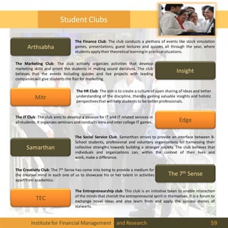 Institutefor Financial Management and Research 59
Student Clubs
Arthsabha
Insight
Mitr
Edge
Samarthan
The 7th Sense
TEC
The Finance Club: The club conducts a plethora of events like stock simulation
games, presentations, guest lectures and quizzes all through the year, where
students applytheir theoreticallearningin practicalsituations.
The Marketing Club: The club actively organizes activities that develop
marketing skills and orient the students in making sound decisions. The club
believes that the events including quizzes and live projects with leading
companieswill give students the flair for marketing.
The HR Club: The aim is to create a culture of open sharing of ideas and better
understanding of the discipline, thereby gaining valuable insights and holistic
perspectives that will help students to be better professionals.
The IT Club: The club aims to develop a passion for IT and IT related services in
allstudents. It organizes seminars and conducts intraand inter college IT games.
The Social Service Club: Samarthan strives to provide an interface between B-
School students, professional and voluntary organizations for harnessing their
collective strengths towards building a stronger society. The club believes that
individuals and organizations can, within the context of their lives and
work, make a difference.
The Creativity Club: The 7th Sense has come into being to provide a medium for
the creative mind in each one of us to showcase his or her talent in activities
apartfrom academics.
The Entrepreneurship club: This club is an initiative taken to enable interaction
of the minds that cherish the entrepreneurial spirit in themselves. It is a forum to
exchange novel ideas and also learn from and apply the success stories of
stalwarts.
 
