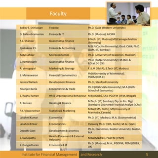 Institutefor Financial Management and Research 5
Faculty
BobbyS. Srinivasan Finance Ph.D. (Case Western University)
G. Balasubramanian Finance& IT Ph.D. (Madras), AICWA
R.L. Shankar QuantitativeFinance
B.Tech. (IIT, Madras);MS(CarnegieMellon
University)
JijoLukose P.J. Finance& Accounting
M.B.F (Cochin University); Grad. CWA; Ph.D.
(SoM, IIT, Bombay)
RatulLahkar Microeconomics Ph.D. (University of Wisconsin, Madison)
L. Ramprasath QuantitativeFinance
Ph.D. (Rutgers University); M.Stat. &
B.Stat.(H) (ISI)
R. Venugopal Marketing& Strategy F.I.I.M (IIM-A); B.Tech (IIT, Madras)
S. Maheswaran FinancialEconometrics
PhD (University of Minnesota);
PGDM (IIM-C)
Jessica Wallack DevelopmentFinance Ph.D., Stanford University
Nilanjan Banik Econometrics & Trade
Ph.D (Utah State University); M.A.(Delhi
Schoolof Economics)
S. Raghu Raman HR & OrganizationalBehaviour MBA (OUBS, UK); PGDFM (IIFM, Bhopal)
R. Kannan Banking& Finance
M.Tech. (IIT, Bombay);Dip. In Fin. Mgt
(Bombay);CharteredFinancialAnalyst(ICFAI)
P.K. Viswanathan Statistics& Marketing
MBA (FMS, Delhi); MS(Universityof
Manitoba,Canada)
Lakshmi Kumar Economics Ph.D. (IIT, Madras); M.A. (Econometrics)
Lekshmi R Nair Econometrics Pursuing Ph.D. (CDS, Kochi); M.Sc. (Stats)
DeepthiGoel DevelopmentEconomics
Ph.D., Economics, Boston University, Boston,
MA
S. Ganapathy
Head – Placement & External
Relations
MBA (Madras), PGDFM (IFMR)
S. Gangadharan Economics& IT
Ph.D. (Madras); M.A.; PGDPM; PDM (OUBS,
UK)
 