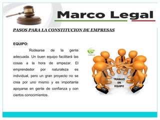 PASOS PARA LA CONSTITUCION DE EMPRESAS
EQUIPO:
Rodearse de la gente
adecuada. Un buen equipo facilitará las
cosas a la hora de empezar. El
emprendedor por naturaleza es
individual, pero un gran proyecto no se
crea por uno mismo y es importante
apoyarse en gente de confianza y con
ciertos conocimientos.
 