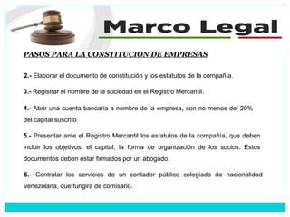 PASOS PARA LA CONSTITUCION DE EMPRESAS
3.- Registrar el nombre de la sociedad en el Registro Mercantil.
4.- Abrir una cuenta bancaria a nombre de la empresa, con no menos del 20%
del capital suscrito
5.- Presentar ante el Registro Mercantil los estatutos de la compañía, que deben
incluir los objetivos, el capital, la forma de organización de los socios. Estos
documentos deben estar firmados por un abogado.
6.- Contratar los servicios de un contador público colegiado de nacionalidad
venezolana, que fungirá de comisario.
2.- Elaborar el documento de constitución y los estatutos de la compañía.
 
