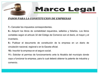 PASOS PARA LA CONSTITUCION DE EMPRESAS
7.- Cancelar los impuestos correspondientes.
8.- Adquirir los libros de contabilidad requeridos, sellarlos y foliarlos. Los libros
contables según el artículo 32 del Código de Comercio son el diario, el mayor y el
inventario.
9.- Publicar el documento de constitución de la empresa en un diario de
circulación nacional, regional o en la Gaceta oficial.
10.- Inscribir la empresa en el seguro social.
11.- Solicitar el permiso de funcionamiento ante la Alcaldía del municipio donde
vaya a funcionar la empresa, para lo cual deberá obtener la patente de industria y
comercio.
 