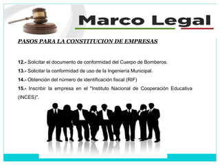 PASOS PARA LA CONSTITUCION DE EMPRESAS
12.- Solicitar el documento de conformidad del Cuerpo de Bomberos.
13.- Solicitar la conformidad de uso de la Ingeniería Municipal.
14.- Obtención del número de identificación fiscal (RIF)
15.- Inscribir la empresa en el "Instituto Nacional de Cooperación Educativa
(INCES)".
 