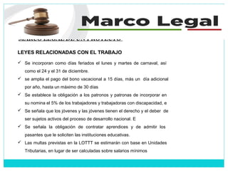 MARCO LEGAL DE UN PROYECTO
LEYES RELACIONADAS CON EL TRABAJO
 Se incorporan como días feriados el lunes y martes de carnaval, así
como el 24 y el 31 de diciembre.
 se amplia el pago del bono vacacional a 15 días, más un día adicional
por año, hasta un máximo de 30 días
 Se establece la obligación a los patronos y patronas de incorporar en
su nomina el 5% de los trabajadores y trabajadoras con discapacidad, e
 Se señala que los jóvenes y las jóvenes tienen el derecho y el deber de
ser sujetos activos del proceso de desarrollo nacional. E
 Se señala la obligación de contratar aprendices y de admitir los
pasantes que le soliciten las instituciones educativas.
 Las multas previstas en la LOTTT se estimarán con base en Unidades
Tributarias, en lugar de ser calculadas sobre salarios mínimos
 