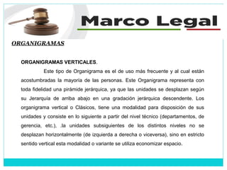 ORGANIGRAMAS
ORGANIGRAMAS VERTICALES.
Este tipo de Organigrama es el de uso más frecuente y al cual están
acostumbradas la mayoría de las personas. Este Organigrama representa con
toda fidelidad una pirámide jerárquica, ya que las unidades se desplazan según
su Jerarquía de arriba abajo en una gradación jerárquica descendente. Los
organigrama vertical o Clásicos, tiene una modalidad para disposición de sus
unidades y consiste en lo siguiente a partir del nivel técnico (departamentos, de
gerencia, etc.), .la unidades subsiguientes de los distintos niveles no se
desplazan horizontalmente (de izquierda a derecha o viceversa), sino en estricto
sentido vertical esta modalidad o variante se utiliza economizar espacio.
 