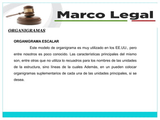ORGANIGRAMAS
ORGANIGRAMA ESCALAR
Este modelo de organigrama es muy utilizado en los EE.UU., pero
entre nosotros es poco conocido. Las características principales del mismo
son, entre otras que no utiliza lo recuadros para los nombres de las unidades
de la estructura, sino líneas de la cuales Además, en un pueden colocar
organigramas suplementarios de cada una de las unidades principales, si se
desea.
 