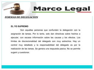 FORMAS DE DELEGACION
EL YO SUPREMO
Son aquellas personas que confunden la delegación con la
asignación de tareas. Por lo tanto, solo dan directivas sobre hechos a
ejecutar, con escasa información sobre las causas y los efectos. Los
límites de discrecionalidad del delegado son muy estrechos. Hay un
control muy detallado y la responsabilidad del delegado es por la
realización de las tareas. Se genera una respuesta pasiva. No se permite
sugerir y cuestionar.
 