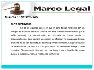 FORMAS DE DELEGACION
EL YO SUPERVISOR
Se da en aquellos casos en que el Jefe delega funciones con un
margen de autoridad estrecho (aunque con más posibilidad de decisión que el
estilo anterior). La comunicación es brindada en forma parcial y
secuencialmente. Casi siempre se explican los efectos y no las causas. Si bien
el control no es tan detallado, se controla permanentemente. La gran dificultad
de este estilo es que ante una duda para tomar una decisión el delegado debe
consultar. Siempre se le dice que hay que hacer y como hacerlo. Se puede
sugerir o cuestionar. Genera reacciones conflictivas.
 