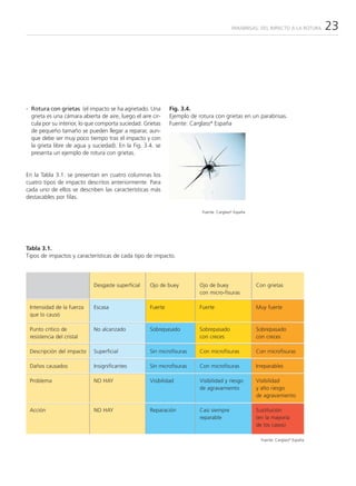 PARABRISAS: DEL IMPACTO A LA ROTURA     23




- Rotura con grietas (el impacto se ha agrietado. Una         Fig. 3.4.
  grieta es una cámara abierta de aire, luego el aire cir-    Ejemplo de rotura con grietas en un parabrisas.
  cula por su interior, lo que comporta suciedad. Grietas     Fuente: Carglass® España
  de pequeño tamaño se pueden llegar a reparar, aun-
  que debe ser muy poco tiempo tras el impacto y con
  la grieta libre de agua y suciedad). En la Fig. 3.4. se
  presenta un ejemplo de rotura con grietas.


En la Tabla 3.1. se presentan en cuatro columnas los
cuatro tipos de impacto descritos anteriormente. Para
cada uno de ellos se describen las características más
destacables por filas.

                                                                           Fuente: Carglass® España




Tabla 3.1.
Tipos de impactos y características de cada tipo de impacto.




                             Desgaste superficial    Ojo de buey          Ojo de buey                 Con grietas
                                                                          con micro-fisuras

 Intensidad de la fuerza     Escasa                  Fuerte               Fuerte                      Muy fuerte
 que lo causó

 Punto crítico de            No alcanzado            Sobrepasado          Sobrepasado                 Sobrepasado
 resistencia del cristal                                                  con creces                  con creces

 Descripción del impacto     Superficial             Sin microfisuras     Con microfisuras            Con microfisuras

 Daños causados              Insignificantes         Sin microfisuras     Con microfisuras            Irreparables

 Problema                    NO HAY                  Visibilidad          Visibilidad y riesgo        Visibilidad
                                                                          de agravamiento             y alto riesgo
                                                                                                      de agravamiento

 Acción                      NO HAY                  Reparación           Casi siempre                Sustitución
                                                                          reparable                   (en la mayoría
                                                                                                      de los casos)

                                                                                                        Fuente: Carglass® España
 